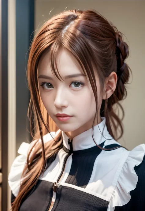 8K, of the highest quality, masutepiece:1.2), (Realistic, Photorealsitic:1.3), of the highest quality, masutepiece, Beautiful young woman, Pensive expression, Thoughtful look, Cute Maid Clothes, Hair tied back, Messy mood, Cinematic background, Tired, Ligh...