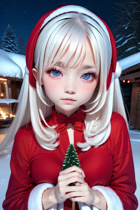 RAW、one girls、a baby face、Cute little girl s、Slender and beautiful、small tits、７Head and body、Twin-tailed:1.5、Meticulously drawn eyes、enticing、Twin-tailed、Its snowing、snow country、Christmas tree、Christmas Colors、Winters、silence、natta、Beautiful night sky、