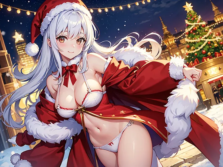 女の子1人、Santa Girl、Christmas、nigh sky、Christmas tree、Its snowing、、Too large breasts、cleavage of the breast、Red Santa Claus Lace One Piece Luffy&#39;White cloak、Navel Ejection、white  hair、Twin-tailed、Fluffy and soft long hair、A sparkling Christmas night、stele...