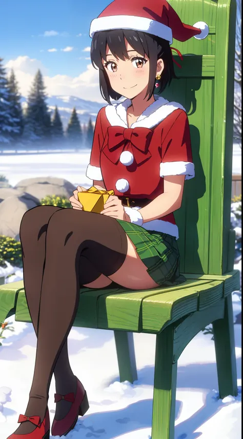 shinkai makoto, kimi no na wa., 1girl, bangs, black hair, blush, bright eyes, brown eyes, bow, red bow, ribbon, red ribbon, short hair, medium breats, solo, perfect hands perfect anatomy, sweet face, day, outdoors, winter scenery, snow, steam, cloud, Again...