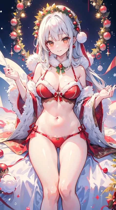 女の子1人、Santa Girl、Christmas、nigh sky、Christmas tree、Its snowing、、Too large breasts、cleavage of the breast、Red Santa Claus Lace One Piece Luffy&#39;White cloak、Navel Ejection、white  hair、Twin-tailed、Fluffy and soft long hair、A sparkling Christmas night、stele...