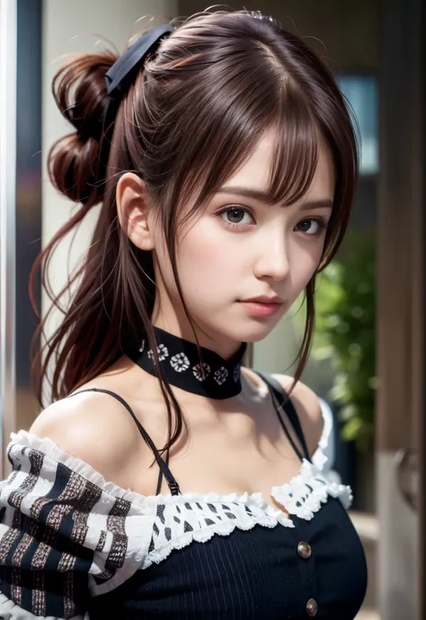 8K, of the highest quality, masutepiece:1.2), (Realistic, Photorealsitic:1.3), of the highest quality, masutepiece, Beautiful young woman, Pensive expression, Thoughtful look, Cute Maid Clothes, Hair tied back, Messy mood, Cinematic background, Tired, Ligh...