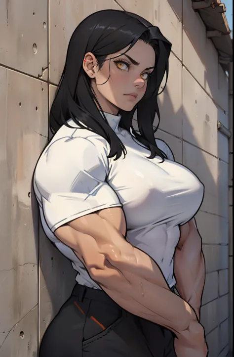 (((muscular girl))) huge breasts against wall black hair yellow eyes expressionless