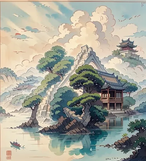 （Depth of field effect，）Ancient Chinese buildings on an isolated island，kiosk，Bamboo miscellaneous tree，​​clouds，green trees，Orange trees, chinese watercolor style, chinese painting style, Chinese landscape, traditional Chinese watercolor painting, chinese...