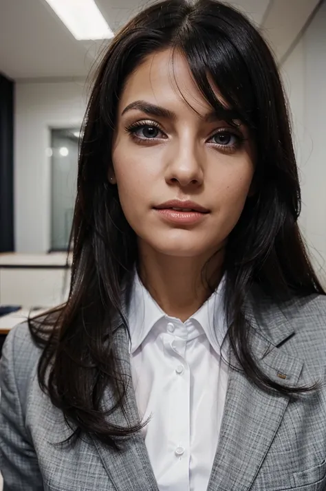 an european business woman, wearing formal suit outfit, presenting in conference room,  black hairs, beautiful eyes, realistic photography