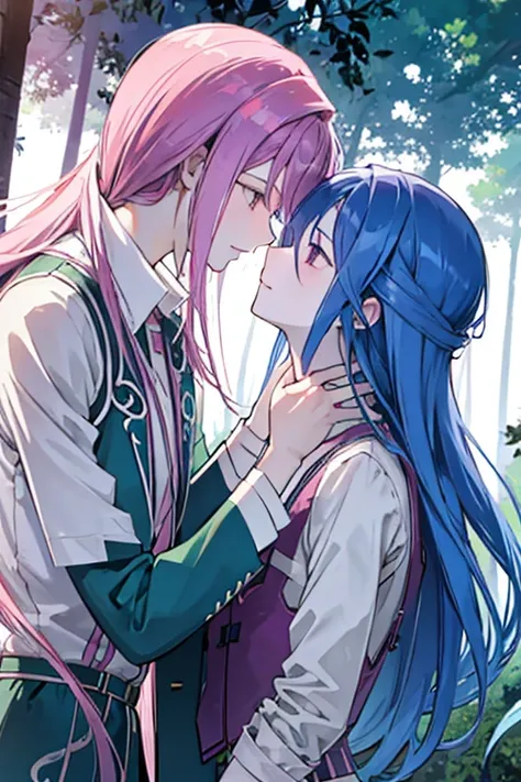 a pink haired man with violet eyes with long hair is kissing a blue haired man with silver eyes in the forest.