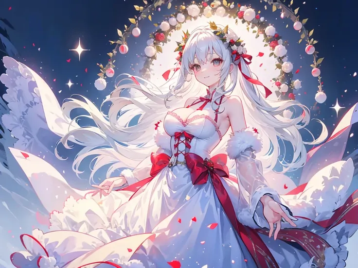 女の子1人、Santa Girl、Christmas、nigh sky、Christmas tree、Its snowing、、Too large breasts、cleavage of the breast、white wedding dress and lace cape 、white  hair、Twin-tailed、Fluffy and soft long hair、A sparkling Christmas night、stele々shining brightly、A smile、Golden ...