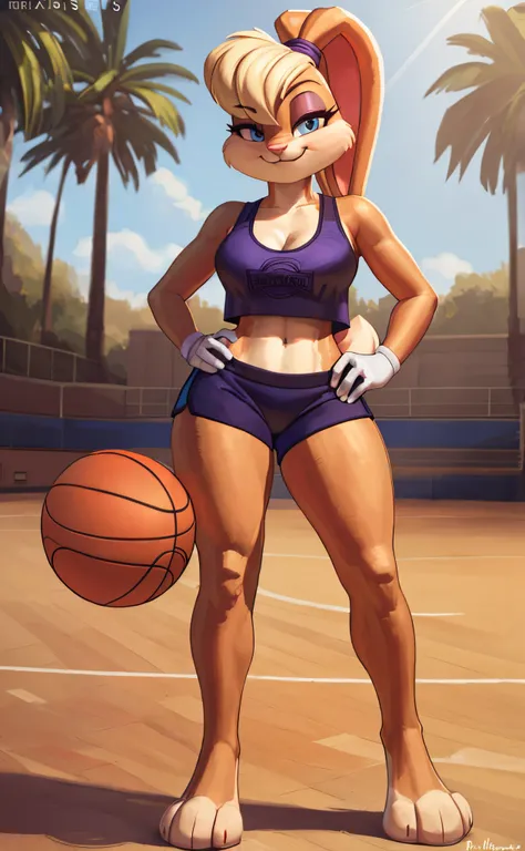 [lola bunny], [Uploaded to e621.net; (Pixelsketcher), (wamudraws)], ((masterpiece)), ((high res)), ((HD)), ((solo portrait)), ((full body)), ((front view)), ((furry; anthro)), ((detailed fur)), ((detailed shading)), ((beautiful render art)), ((intricate de...