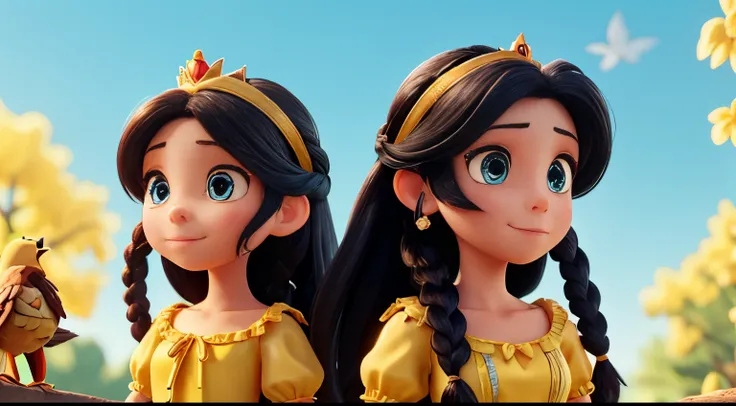 The good princess has long black hair, blue eyes, fair skin, and two braids cascading down to her shoulders. She wears a yellow dress made of torn and stitched-together pieces of other garments. A little bird perches on the princesss shoulder