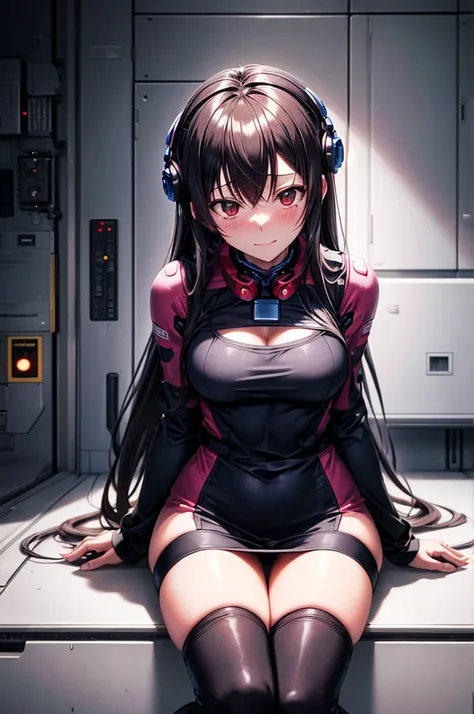 Absurd resolution, High resolution, (masutepiece: 1.4), Hyper-detailing, Young dark-haired woman dressed as a technician, blushing、excited expressions, Sitting in a very narrow and closed mech control room