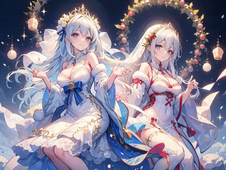 女の子1人、Santa Girl、Christmas、nigh sky、Christmas tree、Its snowing、、Too large breasts、cleavage of the breast、white wedding dress and lace cape 、white  hair、Twin-tailed、Fluffy and soft long hair、A sparkling Christmas night、stele々shining brightly、A smile、Golden ...