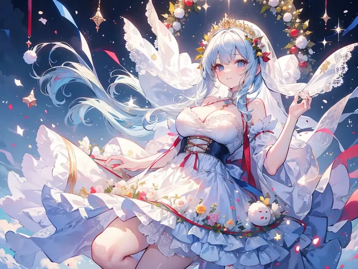 女の子1人、Santa Girl、Christmas、nigh sky、Christmas tree、Its snowing、、Too large breasts、cleavage of the breast、white wedding dress and lace cape 、white  hair、Twin-tailed、Fluffy and soft long hair、A sparkling Christmas night、stele々shining brightly、A smile、Golden ...