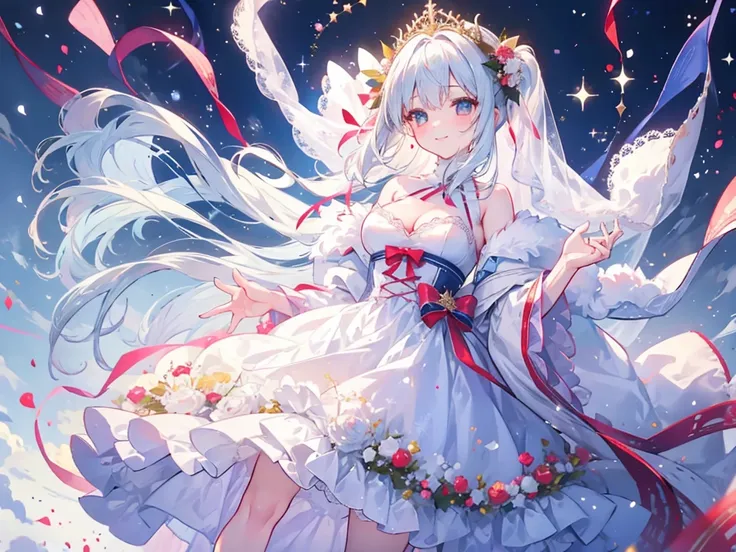 女の子1人、Santa Girl、Christmas、nigh sky、Christmas tree、Its snowing、、Too large breasts、cleavage of the breast、white wedding dress and lace cape 、white  hair、Twin-tailed、Fluffy and soft long hair、A sparkling Christmas night、stele々shining brightly、A smile、Golden ...