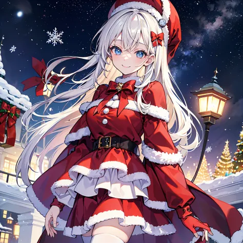 (​masterpiece、top-quality、top-quality、Official art、(Beautifully Aesthetic:1.2)、(1girl in:1.3、(((Delicat eyes)))、Looks Back、snowflakes falling、nightcity、Christmas tree、Christmas Costumes、A smile、blur of light、starrysky、milkyway