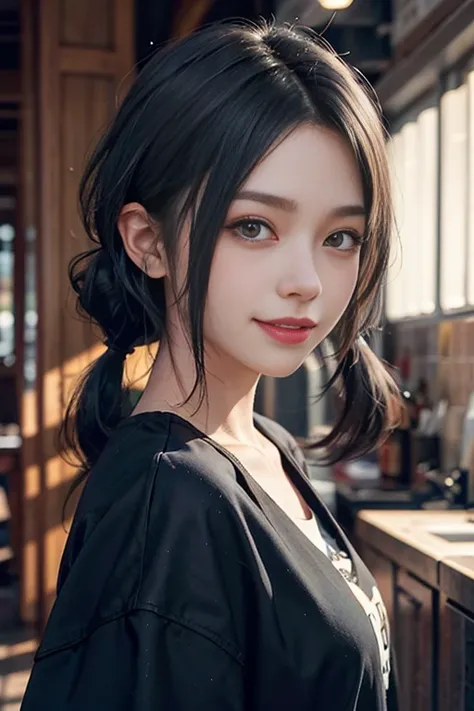 a 20 yo woman、Black blue Hair、long twintail、Big smile、(hi-top fade:1.3)、dark themed、Muted Tones、Subdued Color、highly contrast、(natural skin textures、Hyper-Realism、Soft light、sharp)