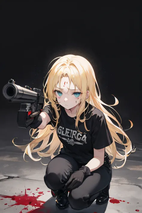 girl, blonde hair, hairstyle square, tired, rough, dark face,  bulbous nose, neon eyes are glowing,looks out from under his forehead, looking at the camera, emotionin , black clothes completely, black T-shirt, black pants, black short boots, gloves with op...