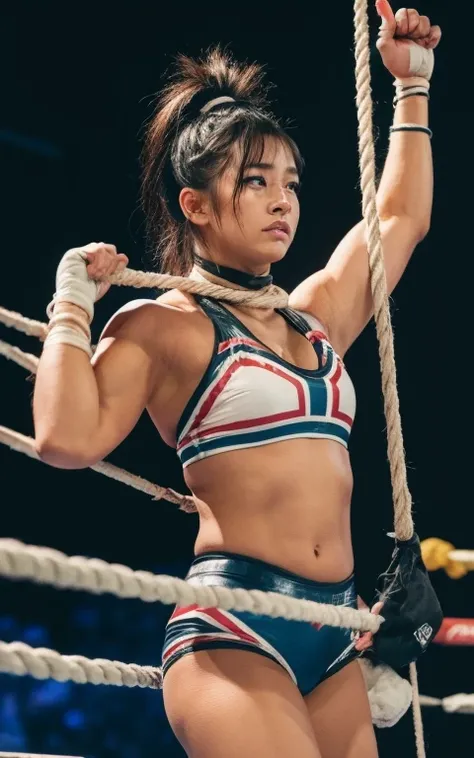 toppless、A female professional wrestler tied up with rough ropes asks for help...