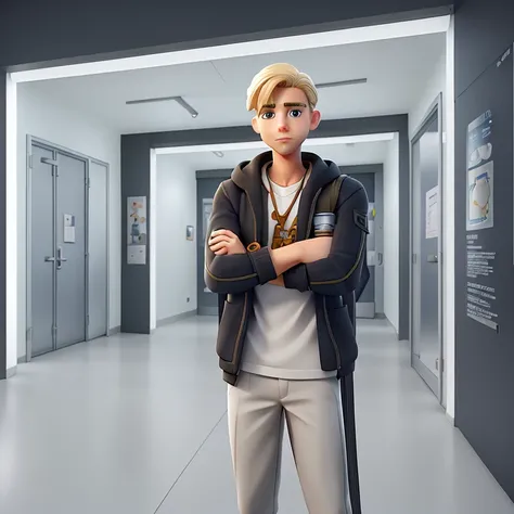 there  a man standing in a laboratory hallway with his arms crossed, young blonde boy fantasy thief, inspired by Henric Trenk, background artwork, inspired by Aleksander Gine, official character illustration, realistic artstyle, proffesional illustration, ...