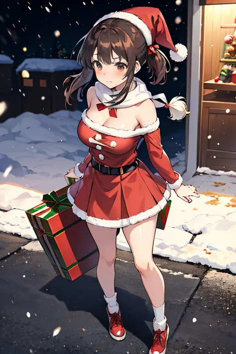 "anime girl, 1 person, dark brown hair, ponytail, ponytail, tied hair, brown eyes, socks, santa hat, santa outfit, santa outfit, winter outfit, naked  unique, red dress, big breasts, blushing, full body, snowfall, christmas gift box, christmas, solo, front...