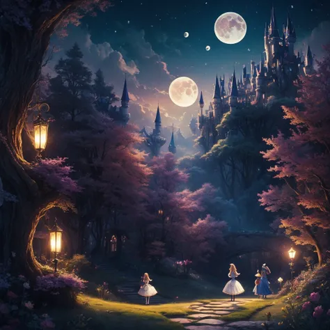 ((Masterpiece)), Top Quality, High Definition, Alice in Wonderland, Wonderland, Fairy Tale, Fantastic, 8K, Detailing, Night, Illustration, Vivid Color Scheme, ((Moon))