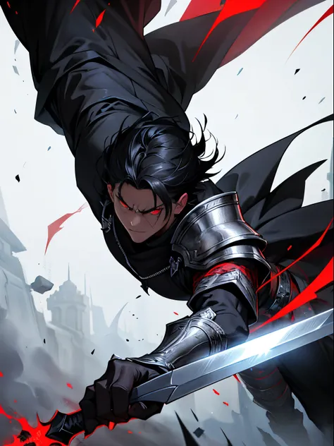 25-years old、male people、A dark-haired、de pele branca、Demons、single body、I have a white and black long sword...、Black clothe、A slender、black backgrounds、Red Eyes、natta、Angry、Black Armor、masutepiece