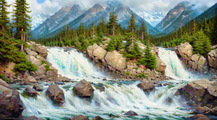 an extremely detailed oil painting of a beautiful scene of mountains, a river, rainbow, clouds, a few big trees, greenery, colorful painting, waterfall, very well painted