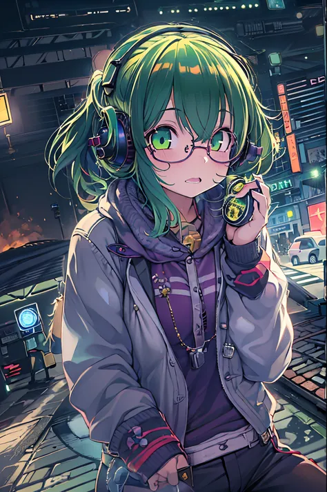 Anime, Deejay Girl, nffsw, DJ Girl, headphones, rave, (Highest picture quality),masutepiece,Best Quality,extremely detailed CG wallpaper, Ultras_Detailed,(Cinematic lighting:1.1), (Cold Face), Green eyes, 1girl in, Solo, Dark green_hair, Short_hair, masute...