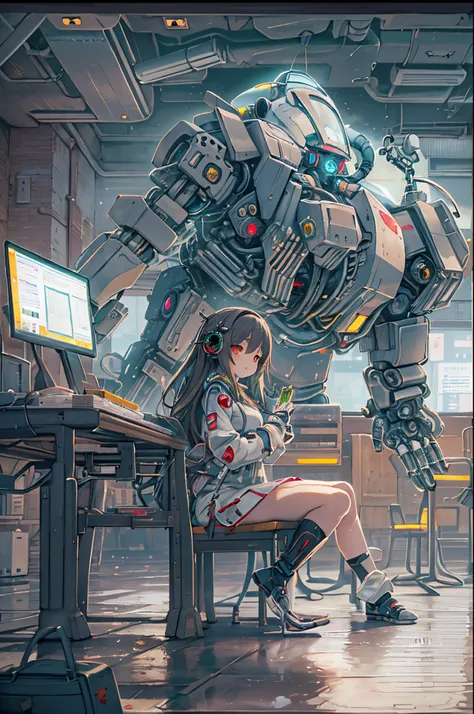 Anime anime girl sitting at a desk with a robot in the background, Anime Mecha Aesthetics, Modern Mecha Anime, mecha asthetic, Modern sci-fi anime, mecha anime, Air and Mecha theme, Sci-Fi Anime, best anime 4k konachan wallpaper, fully robotic!! girl, Sci-...