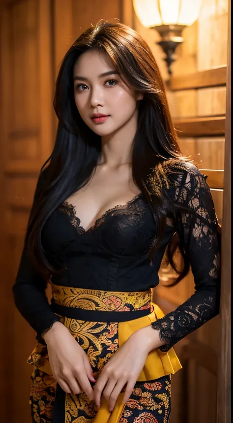 1 indonesian-dutch girl, 25 years old, long fashion hair, fit body, small cleavage, skintight black lace kebaya, batik skirt, ma...