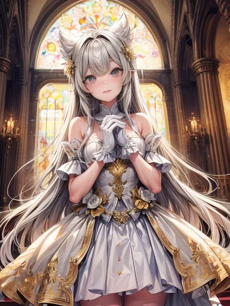 In front of the altar of a majestic church、（blurry backround）、brightened light、golden long hair girl、Classic White Wedding Dresses、（elegant luster）、（Lots of races）、lots of ribbons、（（voluminous puff sleeves））、long cuffs with many buttons、golden embroidery、L...