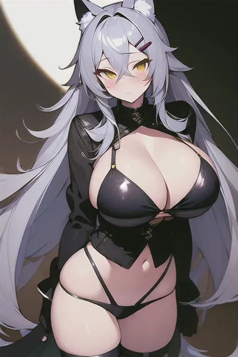 ((masterpiece, best_quality)), 1woman, huge breasts, looking at viewer, fox girl, hair between eyes, thighs, thigh strap, black gloves, gray hair, bikini, long hair, yellow eyes, cropped jacket, hairclip, light blush, cleavage