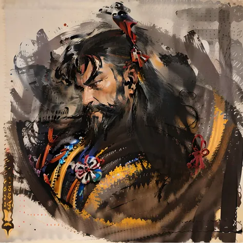 This  a full-body painting with natural colors，Katsushika Hokusai style line drawing。The general  tall，like a strong man。His expression  solemn and manly，Full of determination，minority helmet，Viking thick black beard，Split beard。He wears black armor on his...