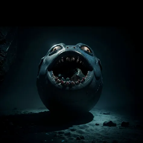 Big horrible and ugly fish looking like a monster at the bottom of the dark and empty abyss of the ocean with poor lighting , renderizado , 1280x720 resolution