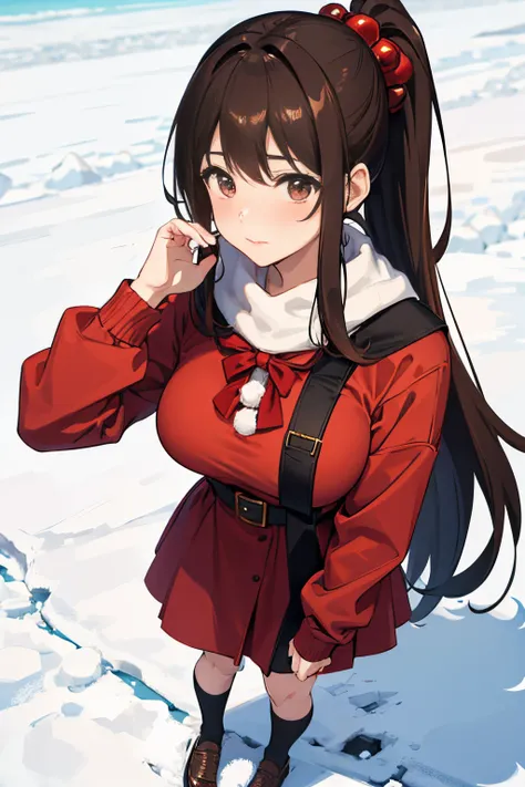 "anime girl, 1 person, dark brown hair, ponytail, ponytail, tied hair, brown eyes, socks, santa outfit, santa outfit, winter outfit, discreet, red dress,  big breasts, blushing, full body, snowfall, christmas gift box, christmas, solo, front view, (full HD...