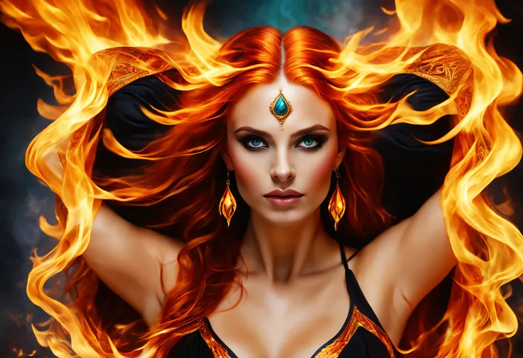 a fiery goddess, vibrant colors, intense flames, flowing red hair, mesmerizing eyes, glowing skin, powerful presence, engulfed i...