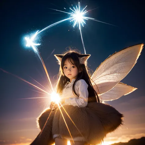 whaite hair，A cold and handsome little fox fairy，small loli，Light explosion