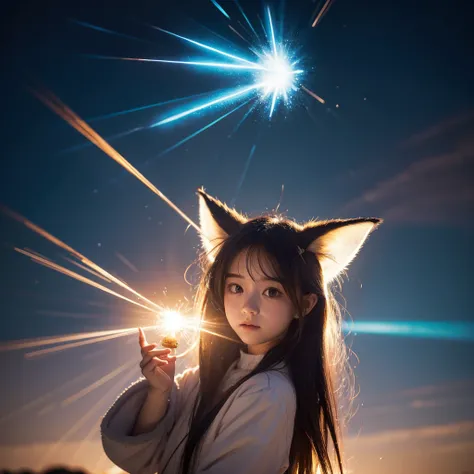 whaite hair，A cold and handsome little fox fairy，small loli，Light explosion