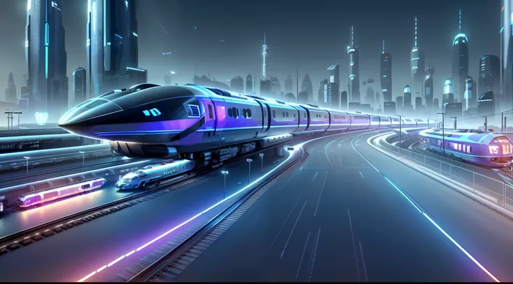 futuristic city with a train and a train on the tracks, cyberpunk elevated train, transportation design render, in 2 0 5 5, supersonic trains and passengers, future locomotive style, futuristic street, futuristic, high speed trains, inspired by Syd Mead, v...