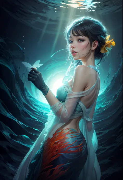 Stylized abstract portrait of a beautiful girl, wetted skin,requirements，Carp Festival | | |，Koi Band,Lots of carp，Odd-shaped coral，ocean floor，Beautiful coral reef in the background，giant rocks,Marine life，Colorful coral reef,Decorative coral reef,author：...