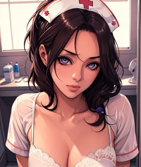 (pov)sexy nurse, beautiful detailed eyes, beautiful detailed lips, extremely detailed eyes and face,(mirror,reflection)horny stare,nurse uniform,lingerie,bright lighting,soft focus,vivid colors,portraits