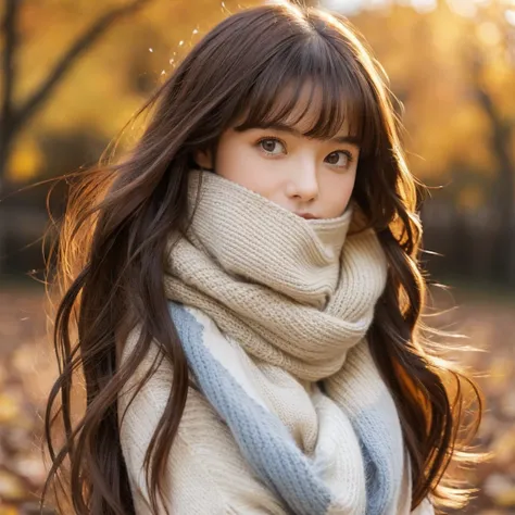 (masterpiece), best quality, ultra-detailed, illustration, warm lighting, soft lighting, bright colors, 1 girl, solo,( beautiful girl, long hair, blue eyes, ribbon, brown hair, hair between eyes, hair ribbon, sidelocks, very long hair, messy hair,) , autum...