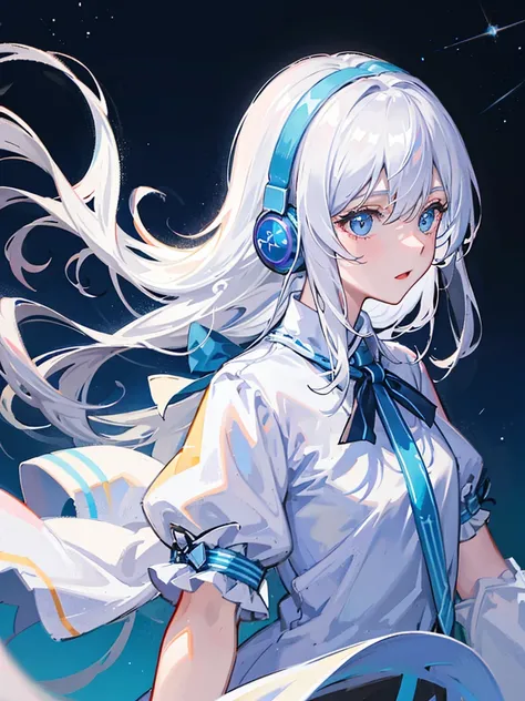 Light explosion，Cold white-haired girl，Handsome，With sky blue headphones，Under the stars