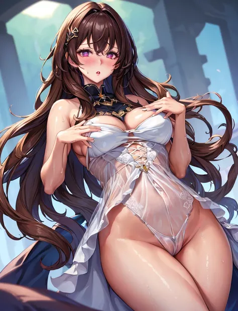 (​masterpiece:1.3), (top-quality:1.perfect  eyes, face perfect, Perfect Style，volume illumination, １Mature Woman,an lingerie,  black brown hair color，red blush, perspiring,, Colossal tits，white langerie,Wraith Stone，floral embroidery，squtting figure，Spread...