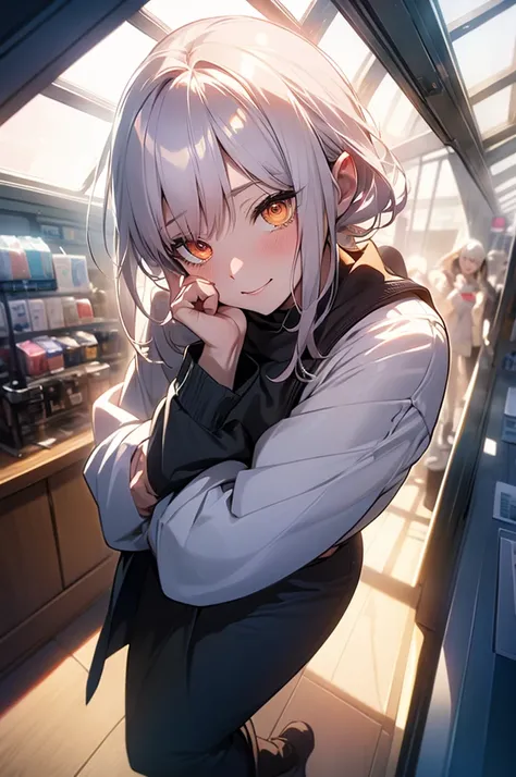 white hair, mole under eye, mismatched sclera, heterochromia, blush, shy, laughing, bell, ray tracing, god rays, backlighting, glowing light, anime style