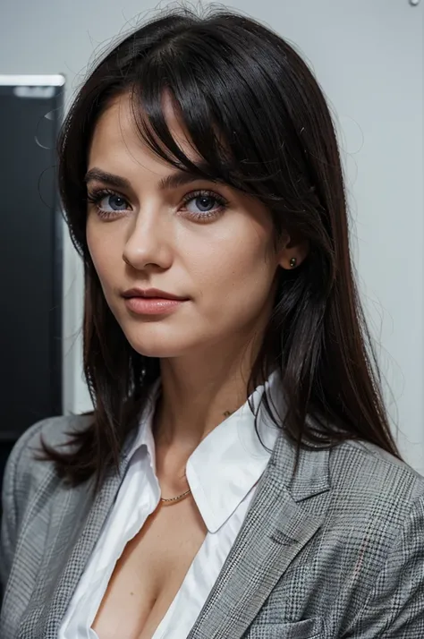 an European business woman, wearing full office dress code , presenting on white board in conference room,  black hairs, beautiful eyes, realistic photography