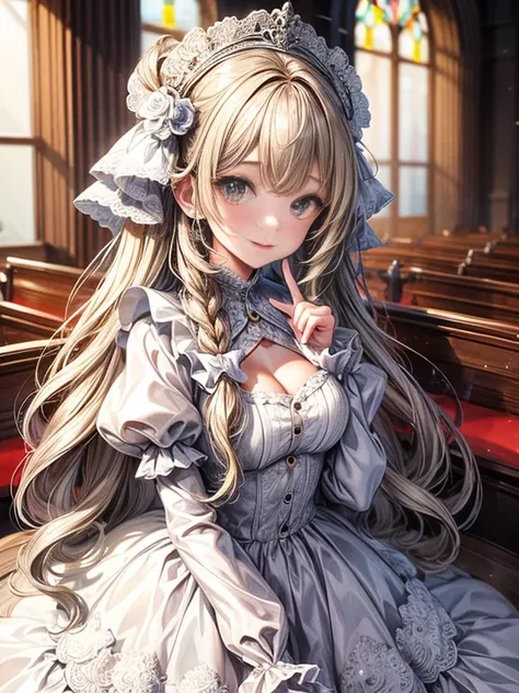 In front of the altar of a majestic church、（blurry backround）、brightened light、golden long hair girl、Classic White Wedding Dresses、（elegant luster）、（Lots of races）、lots of ribbons、（（voluminous puff sleeves））、long cuffs with many buttons、golden embroidery、L...