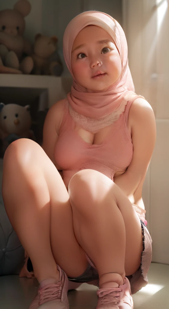 (((black skin))), (((HIJAB MALAY GIRL))), top-quality、masterpiece、Surreal、((childs room))、((Stuffed animals are on display.))、transparent Gymnastic suit、japanes、Pupils、tiny girl、The appearance of the child、Height 140cm、hchool girl、small body of a child、str...