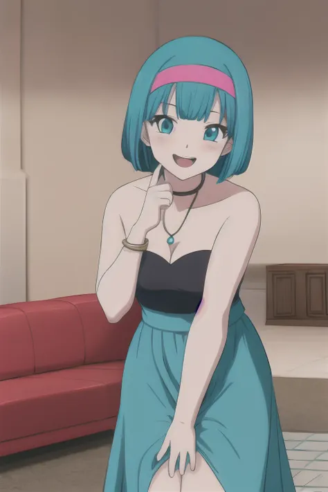 bulma, aqua hair, short hair, bob hair, pink hairband, bare shoulders, pearl necklace, blue dress, strapless tube dress, medium ...