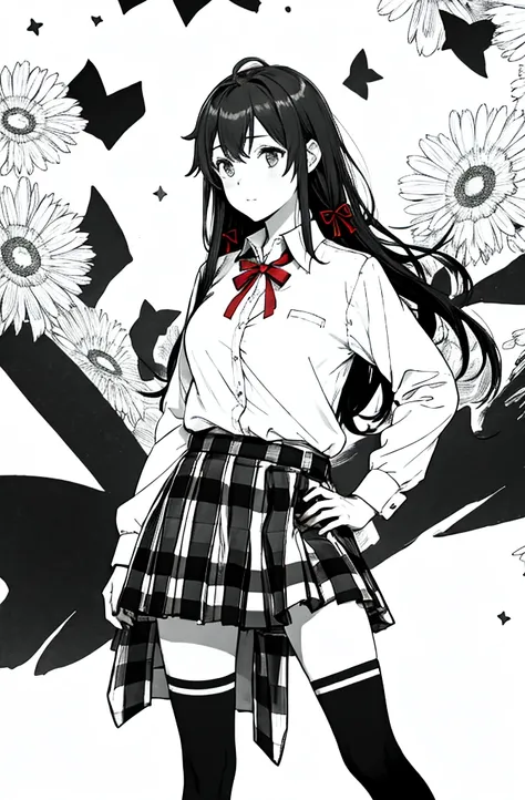 1 girl as yukino yukinoshita, absurdres,  highres, solo, school uniform, big breasts, waist long black hair, (twintails:0.5), miniskirt, black thighhigh socks, loose red ribbon, unbuttoned white shirt