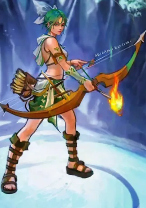 Green hair, sexy lady, holding bow, holding fire arrow, white clothes, Short pants